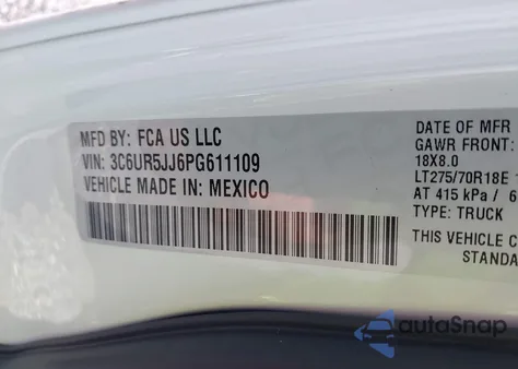 2023 Ram 2500 Big Horn 4X4 8' Box из США, поврежденный, VIN 3C6UR5JJ6PG611109